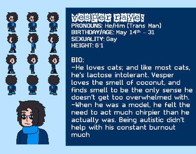 PRONOUNS: He/Him (Trans Man) BIRTHDAY/AGE: May 14th – 31 SEXUALITY: Gay HEIGHT: 6’1 BIO: -He loves cats; and like most cats, he's lactose intolerant.